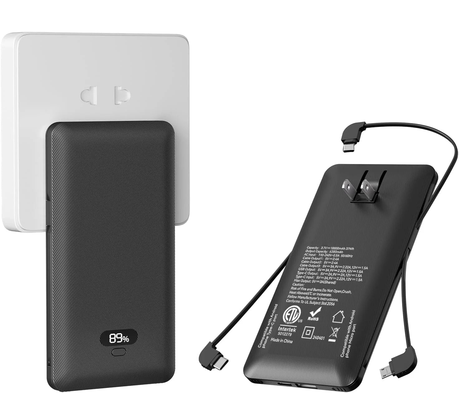 Wholesale PD20W Power Bank 10000mAh Built-in Cable and AC Plug, Multi-port Power Bank Fast Charger Digital Display PB180P