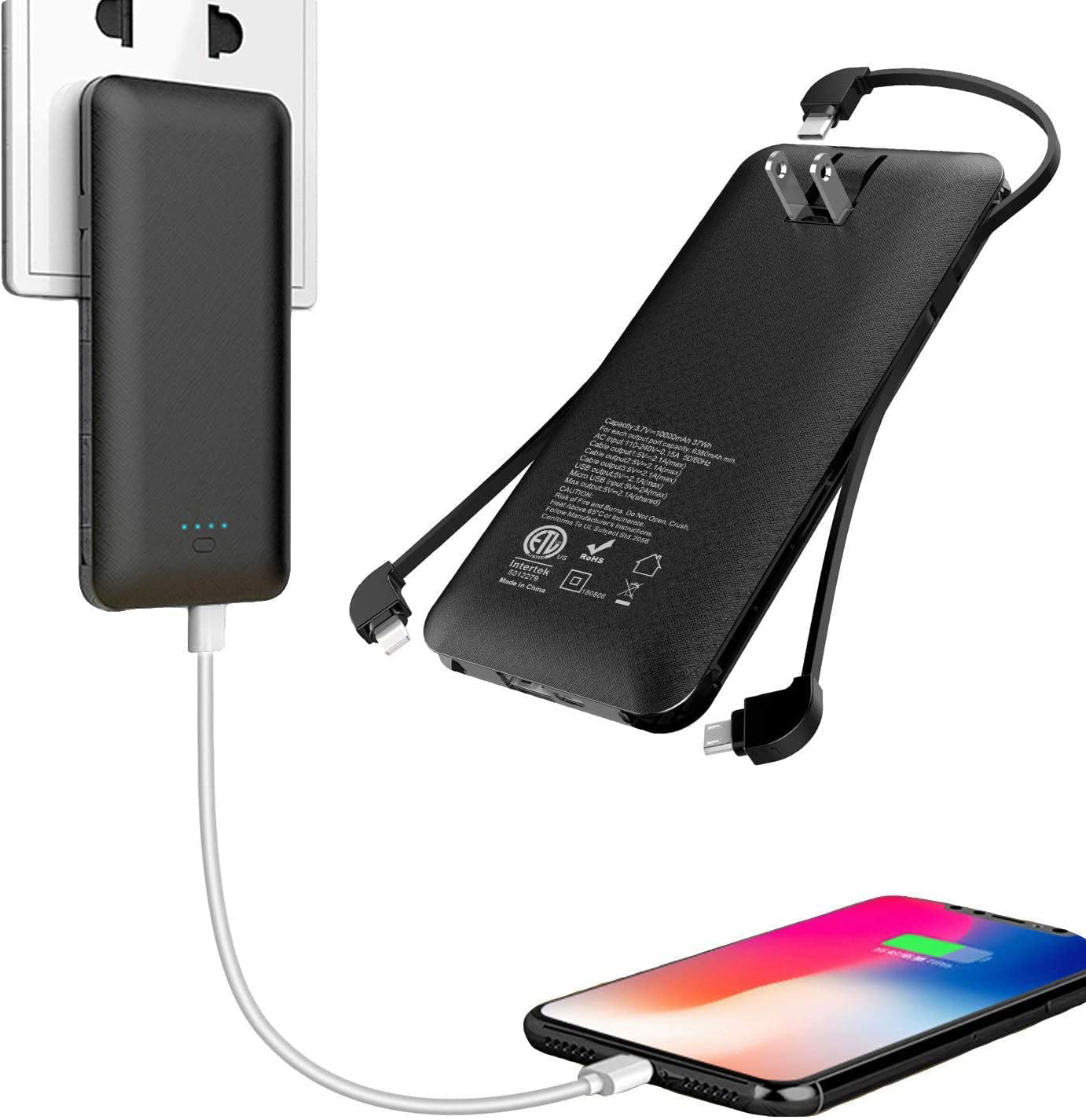 UUTEK RSQ3-A 10000mAh powerbank with AC plug and 3 cables built-in