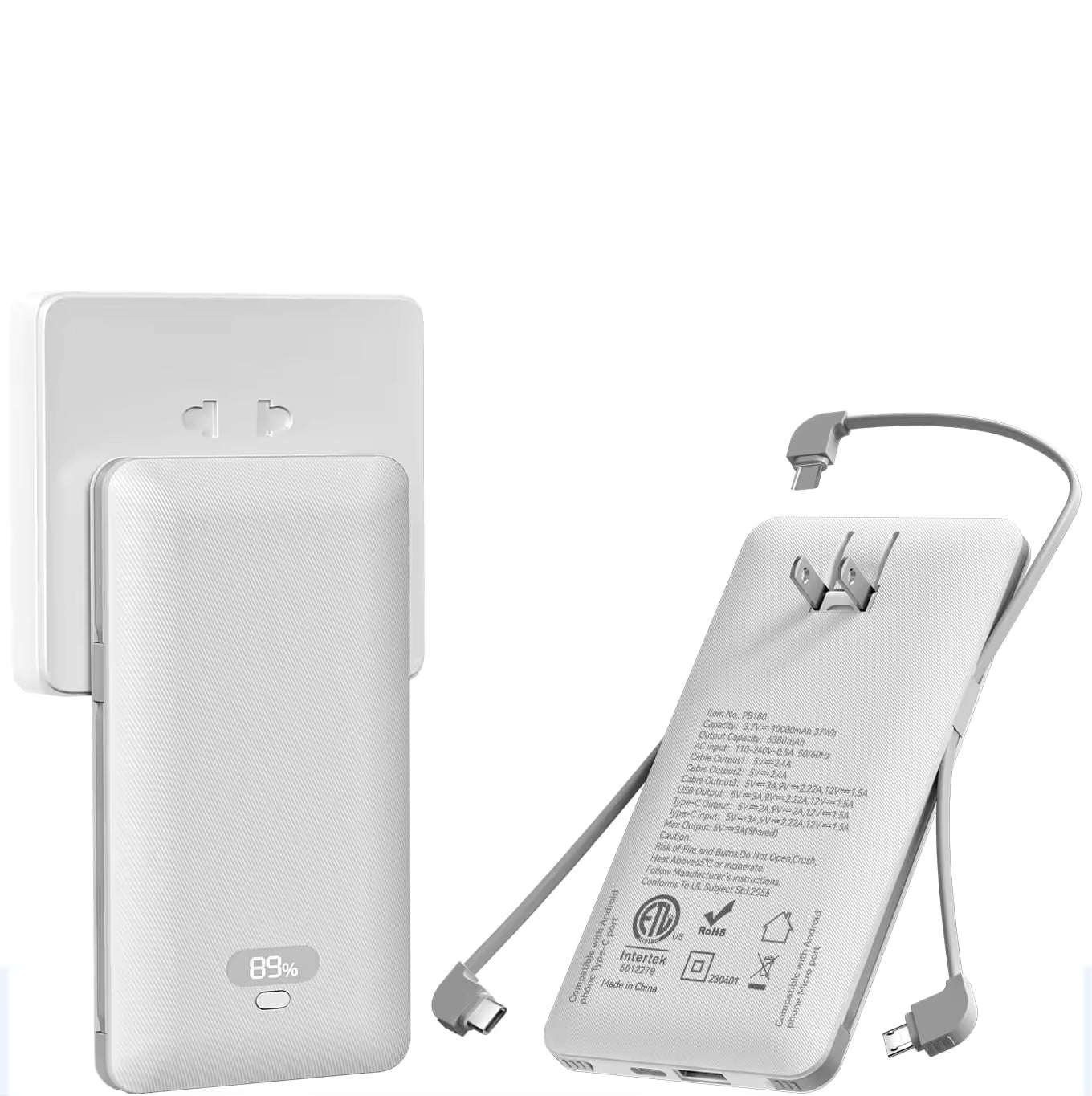 Wholesale PD20W Power Bank 10000mAh Built-in Cable and AC Plug, Multi-port Power Bank Fast Charger Digital Display PB180P