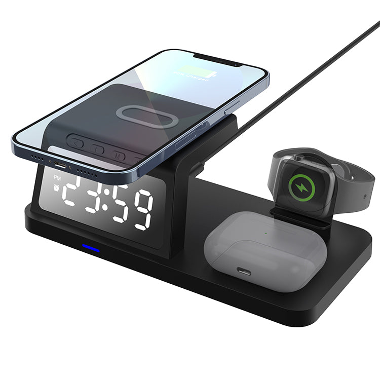 UUTEK HT-506 2025 New 4-in-1 with Clock Wireless Charger 15W Fast Desktop Charging Station for iPhone iWatch AirPods Charger