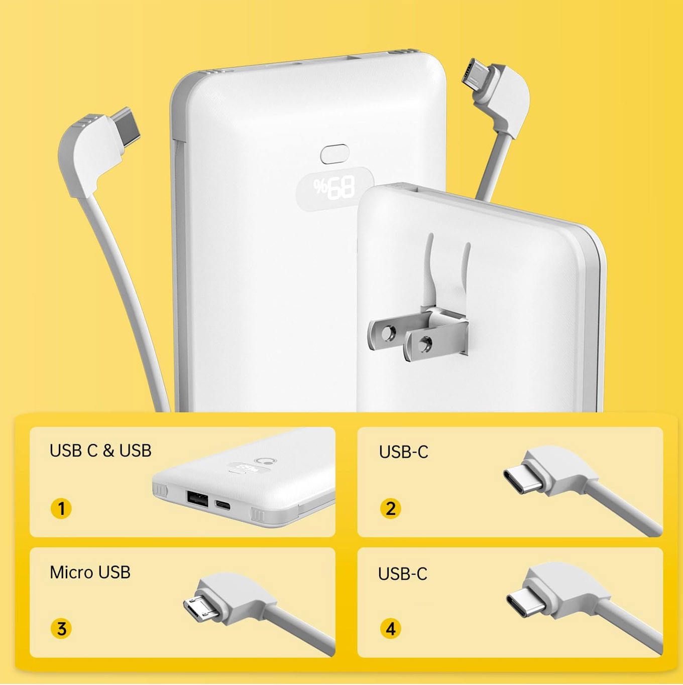 Wholesale PD20W Power Bank 10000mAh Built-in Cable and AC Plug, Multi-port Power Bank Fast Charger Digital Display PB180P