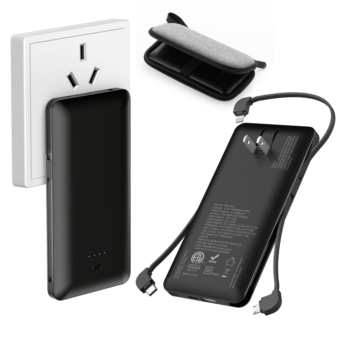 UUTEK PB147AC PD 20W 10000mAh powerbank with AC plug and 3 cables built-in+USB C fast charging external battery pack