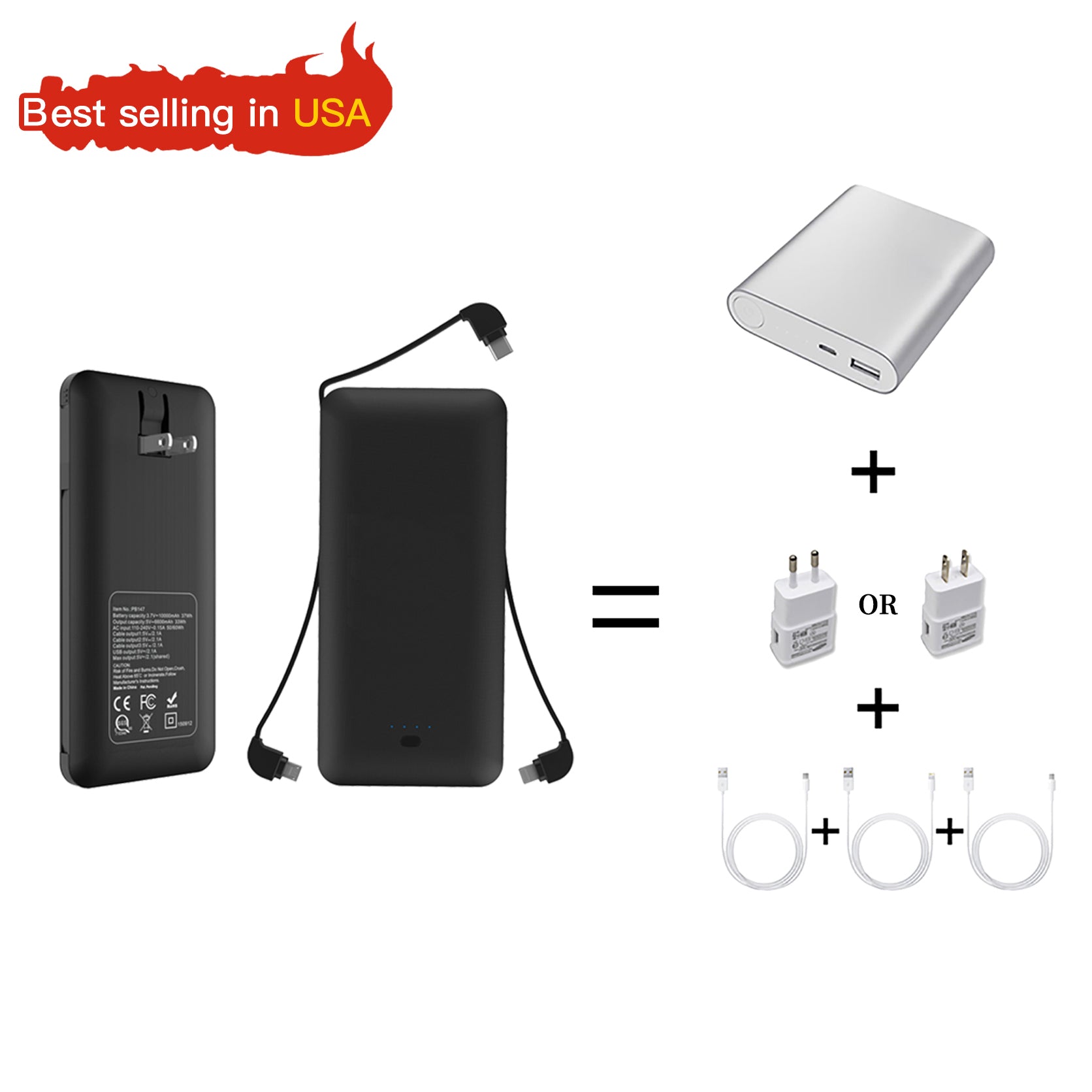 UUTEK RSQ3-A 10000mAh powerbank with AC plug and 3 cables built-in