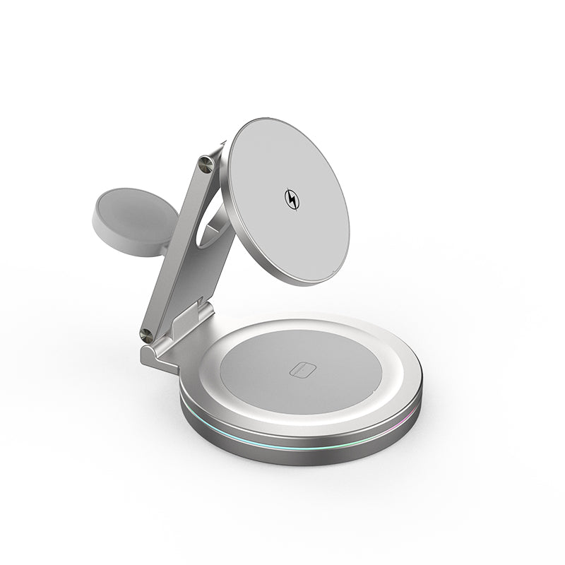 UUTEK V22 15W Folding Aluminum Alloy Magnetic 3 in 1 Wireless Charger with Colorful Light for iPhone 16 15 14 13 iWatch AirPods