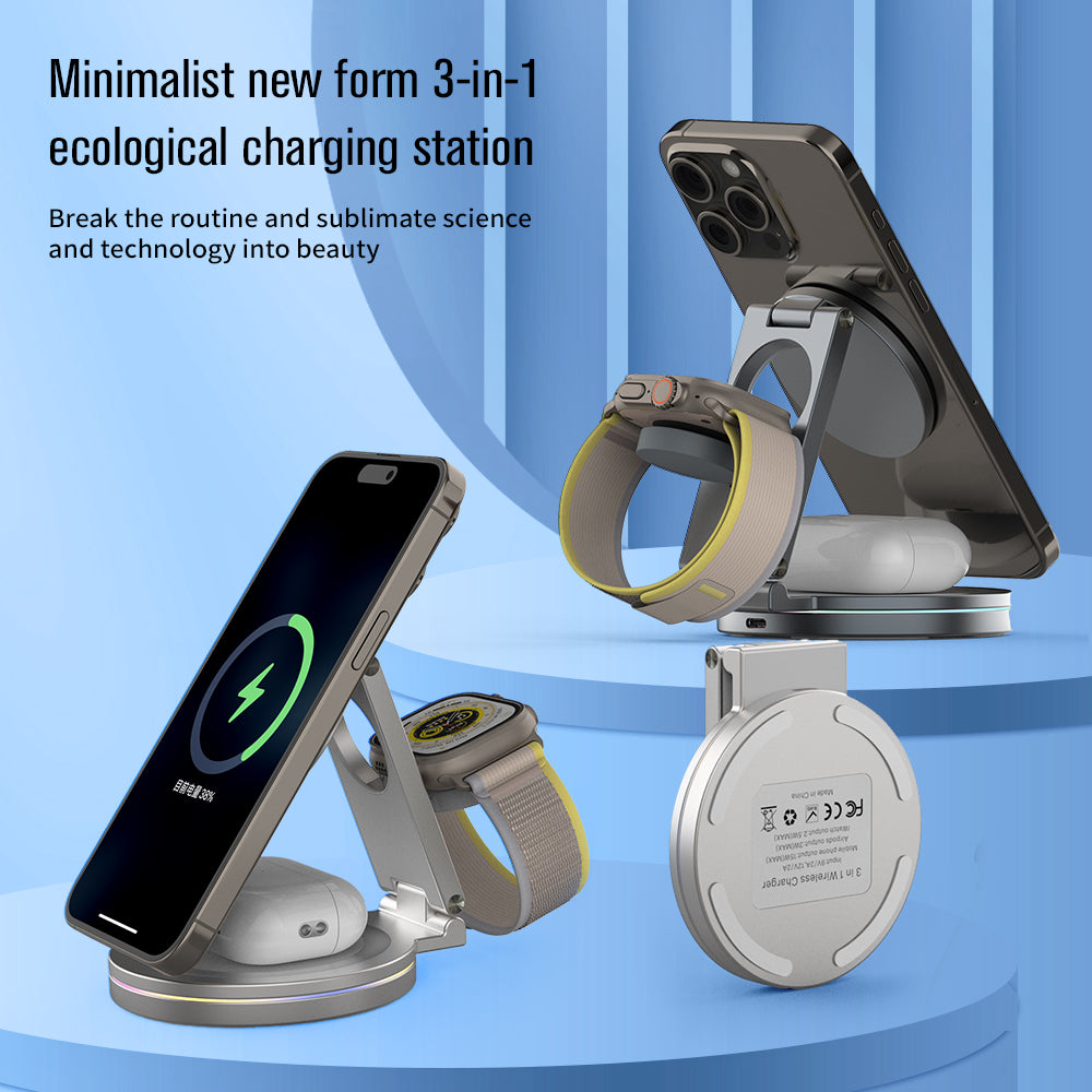 UUTEK V22 15W Folding Aluminum Alloy Magnetic 3 in 1 Wireless Charger with Colorful Light for iPhone 16 15 14 13 iWatch AirPods