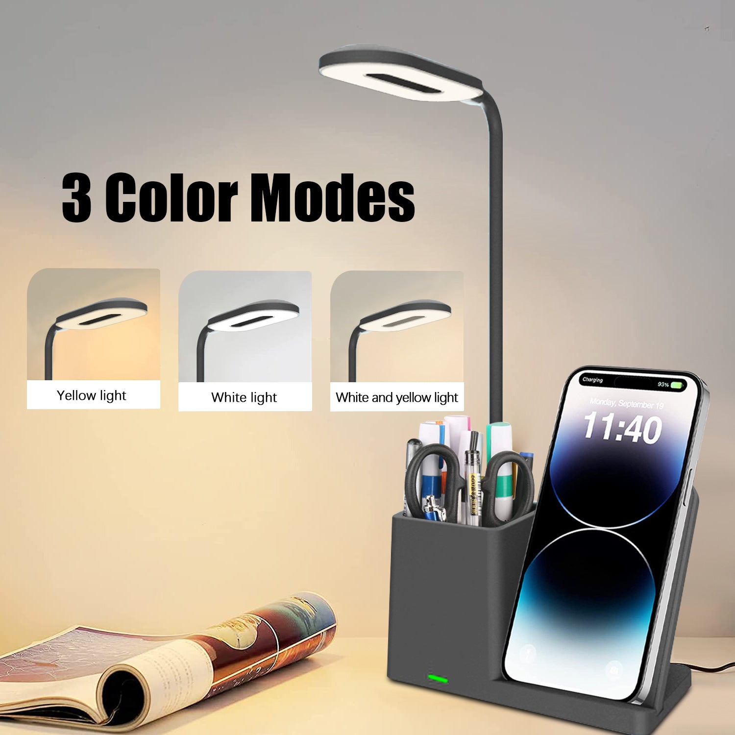 UUTEK WP001 15W fast charging 3 in 1 wireless charger with lamp and pen holder for iPhone and Android phone charger