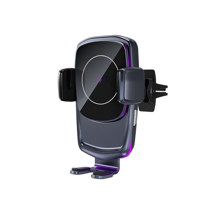 UUTEK CW26 Automatic opening and closing fast charging 15W wireless car charger for iPhone Samsung mobile phone with purple LED atmosphere light