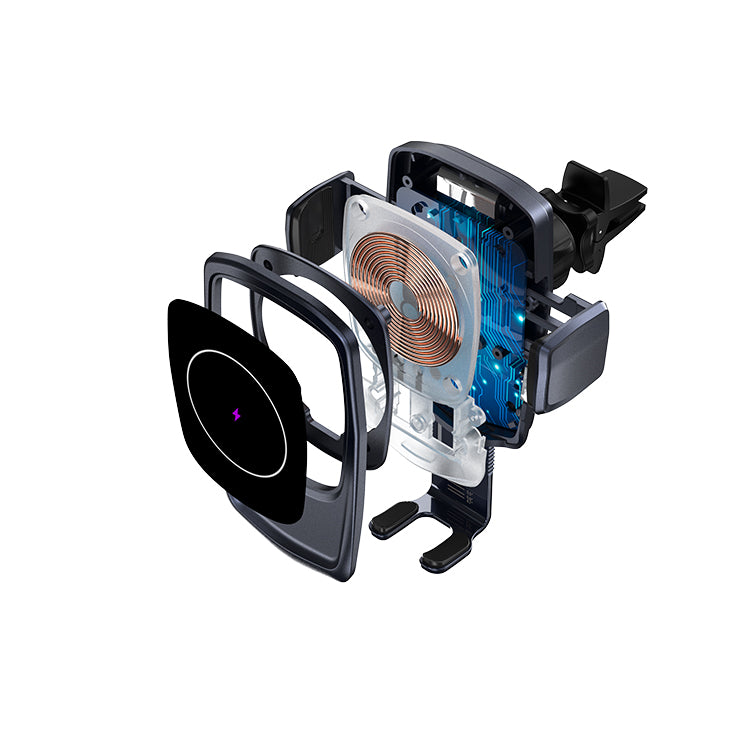 UUTEK CW26 Automatic opening and closing fast charging 15W wireless car charger for iPhone Samsung mobile phone with purple LED atmosphere light