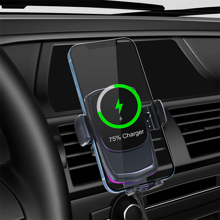 UUTEK CW26 Automatic opening and closing fast charging 15W wireless car charger for iPhone Samsung mobile phone with purple LED atmosphere light