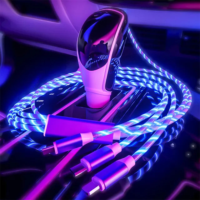 UUTEK RSZ5 New Trending 1.2m 4FT LED Flowing Light Charging Cable Cellphone Fast Charging 3in1 USB Cable Charger
