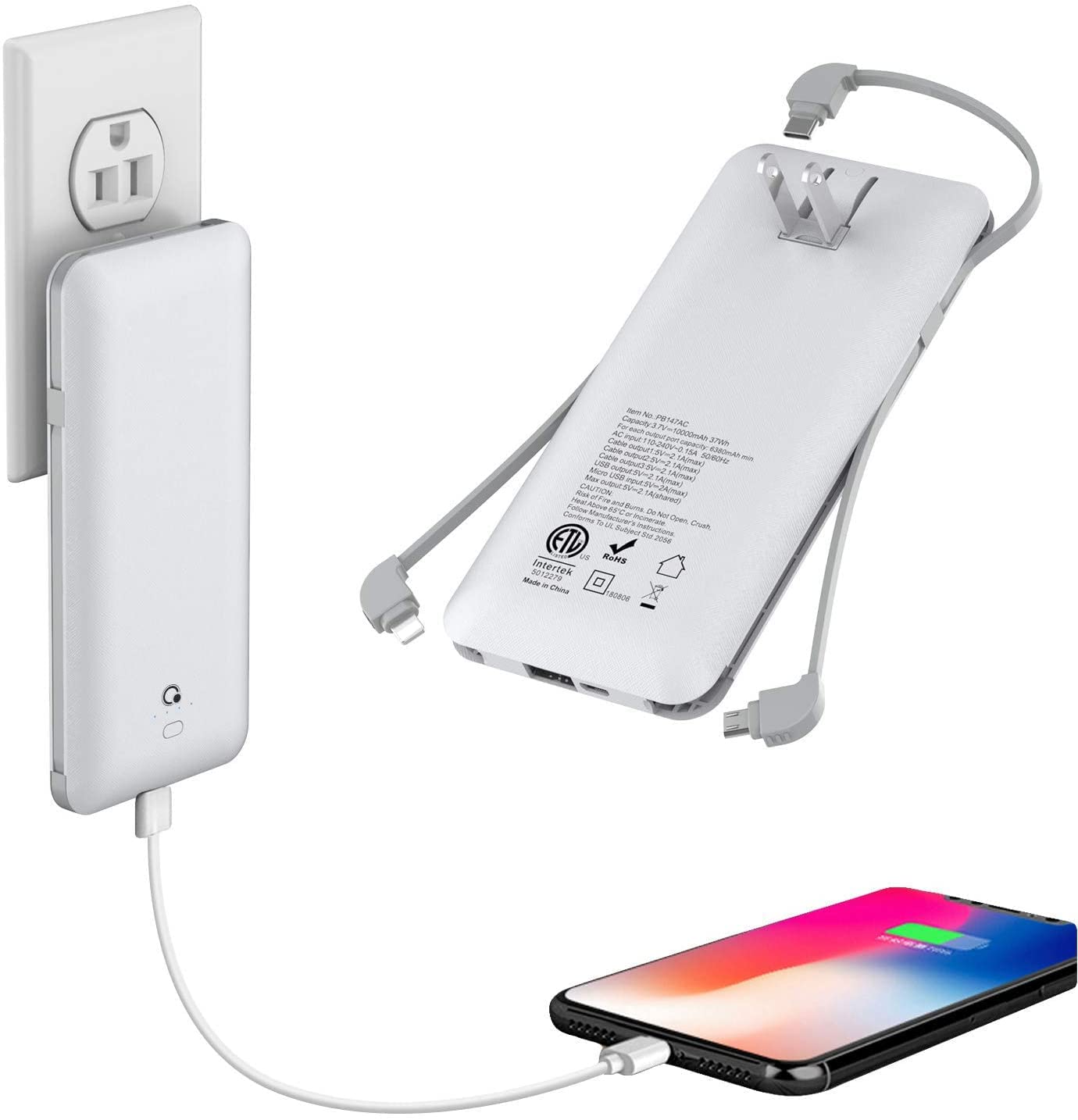 UUTEK RSQ3-A 10000mAh powerbank with AC plug and 3 cables built-in