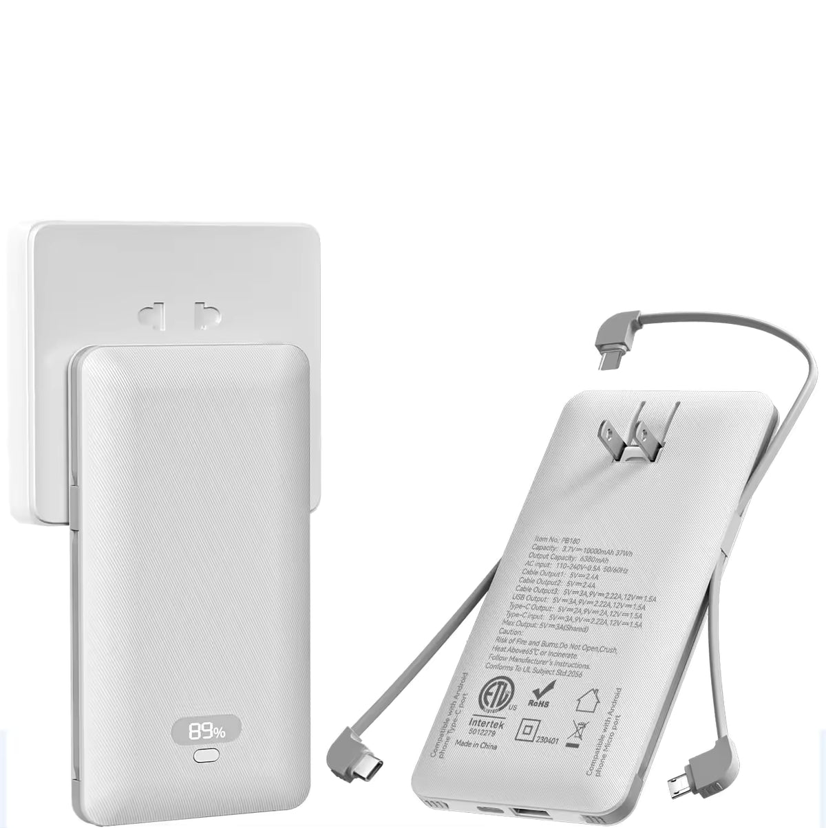 Wholesale PD20W Power Bank 10000mAh Built-in Cable and AC Plug, Multi-port Power Bank Fast Charger Digital Display PB180P