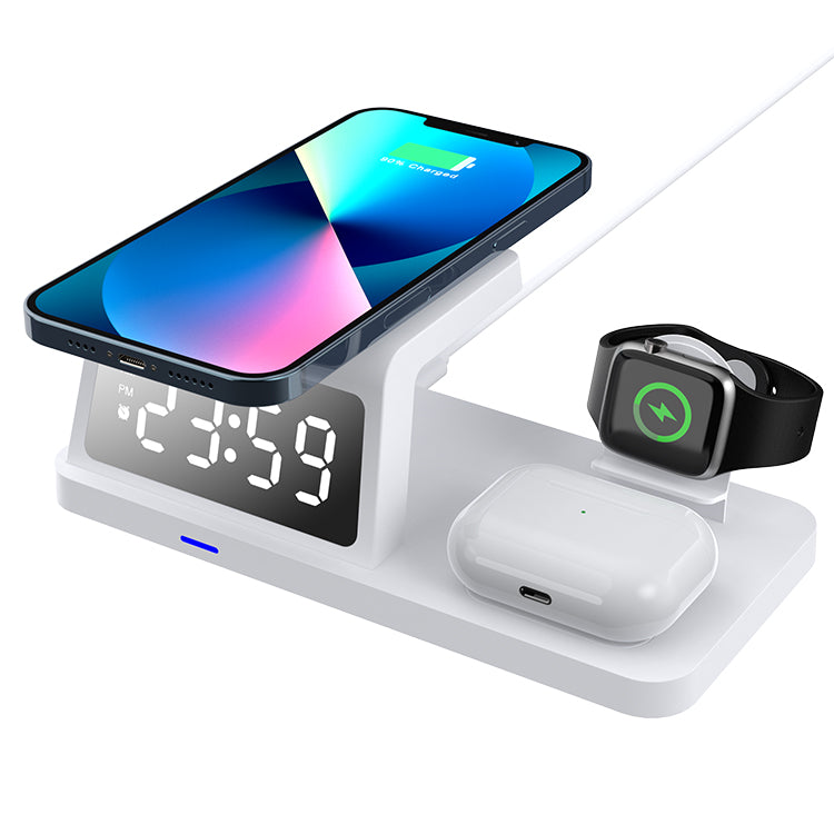 UUTEK HT-506 2023 New 4-in-1 Clock Wireless Charger 15W Fast Charging Desktop Charging Station Watch Charger Earphone Charger
