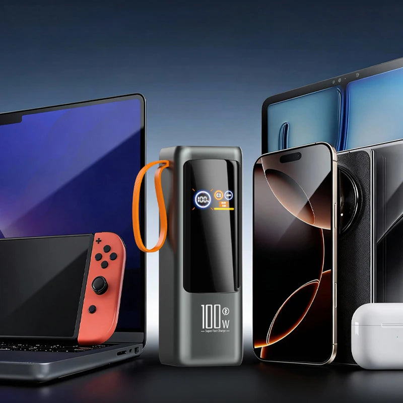 Creative 100W Super Fast Charging Digital Display Power Bank 25000mAh Built-in Cable Lanyard Design Portable Charger PB221