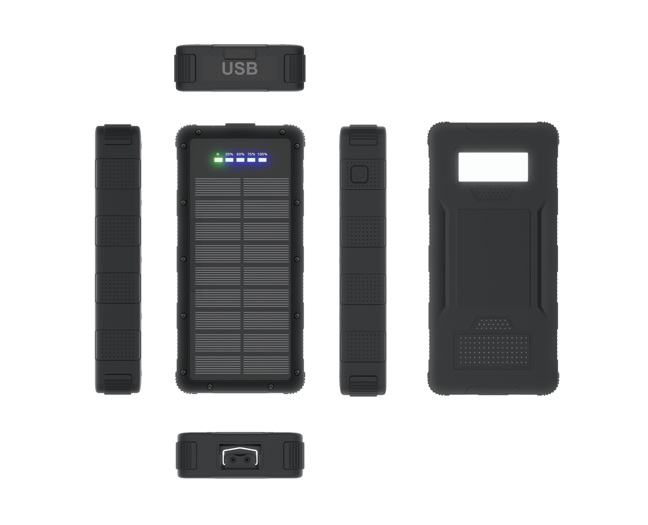 Durable IP67 waterproof power supply with 30000mAh capacity, built-in LED flashlight solar power supply with 22.5W capacity, dual USB-A + C output ports SP6730