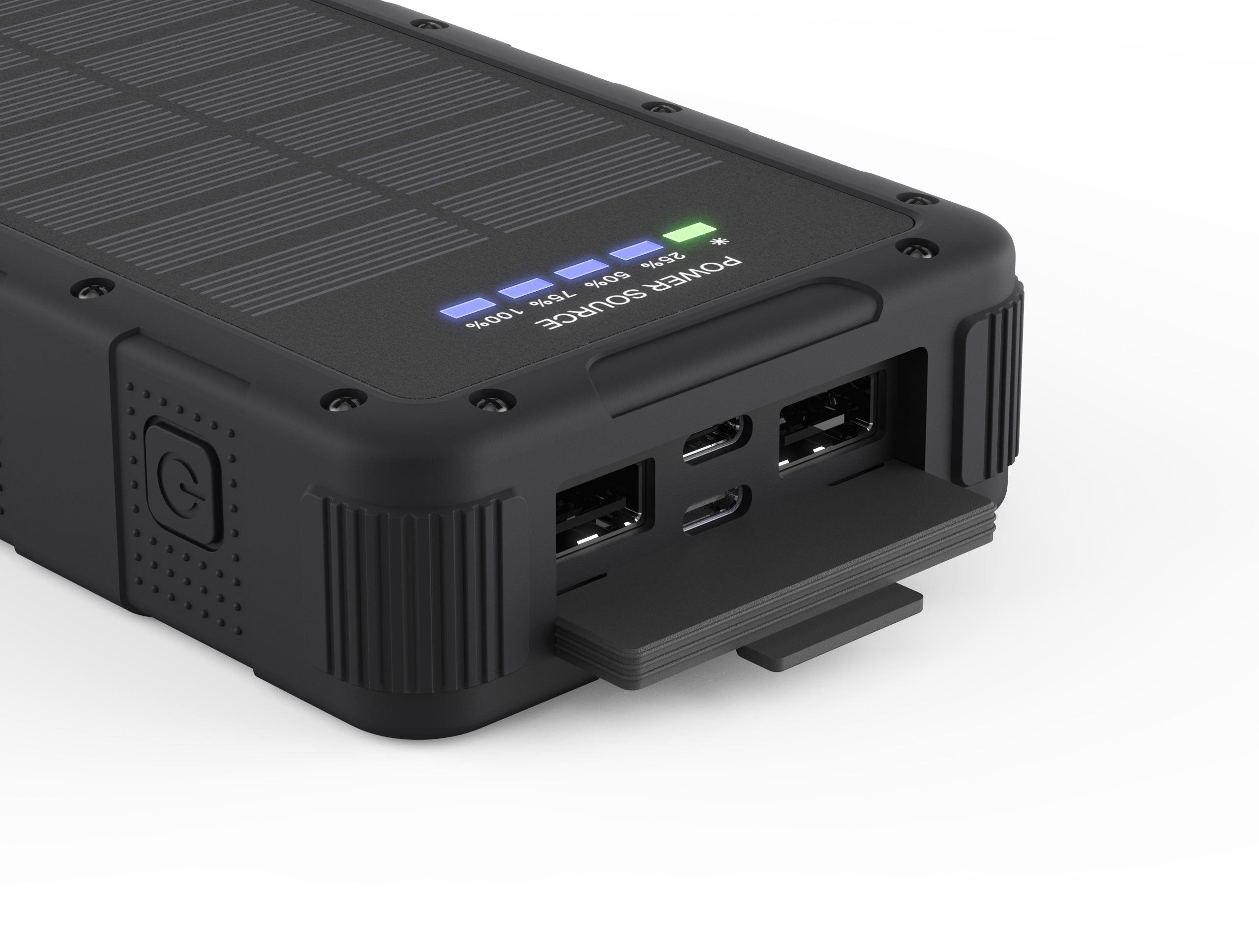 Durable IP67 waterproof power supply with 30000mAh capacity, built-in LED flashlight solar power supply with 22.5W capacity, dual USB-A + C output ports SP6730