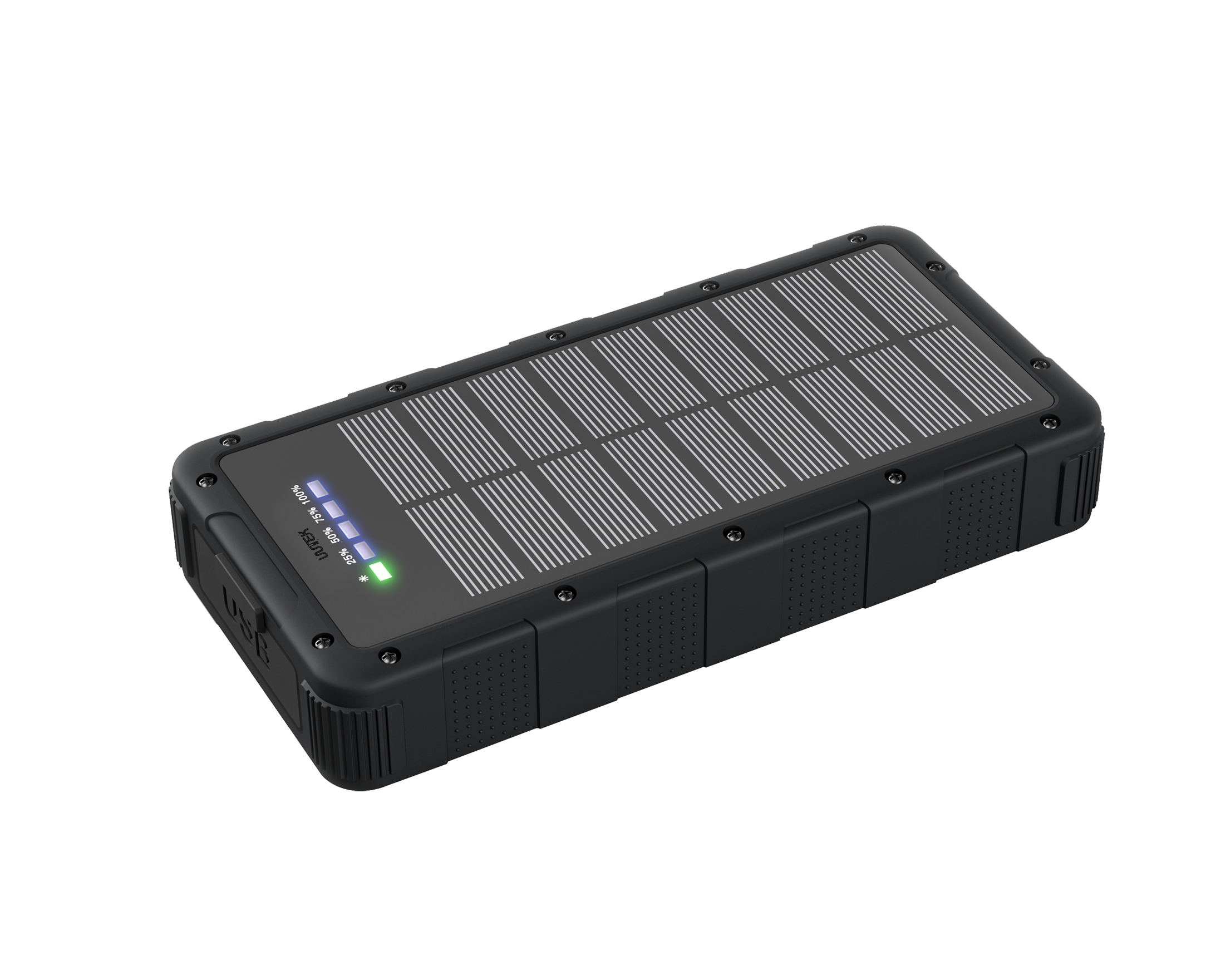 Durable IP67 waterproof power supply with 30000mAh capacity, built-in LED flashlight solar power supply with 22.5W capacity, dual USB-A + C output ports SP6730
