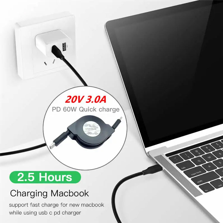 best selling 2025 new products UC022 3.3ft 20V3A PD60W retractable type c cable data cable for laptop mobile phone usb c cable