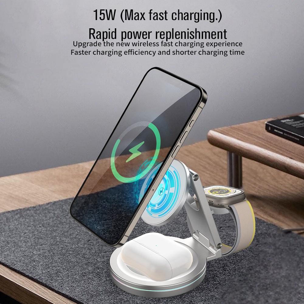 most selling product 2024 V22 15W Folding Aluminum Alloy Magnetic 3 in 1 Wireless Charger with Colorful Light for iPhone 16 15