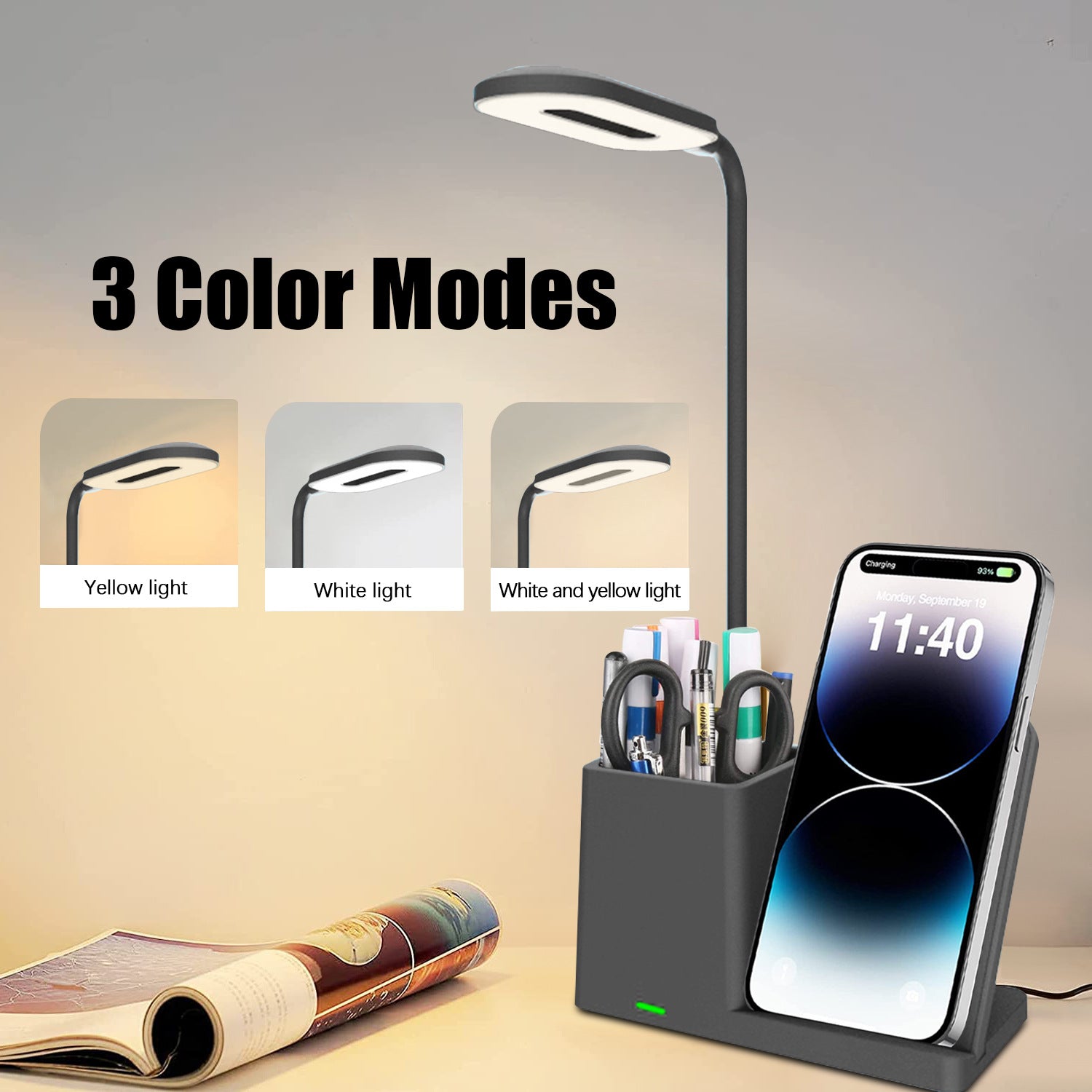 UUTEK hot selling 3 in 1 wireless charger for iPhone and Android with lamp and pen holder smartphone charger 15W fast charging