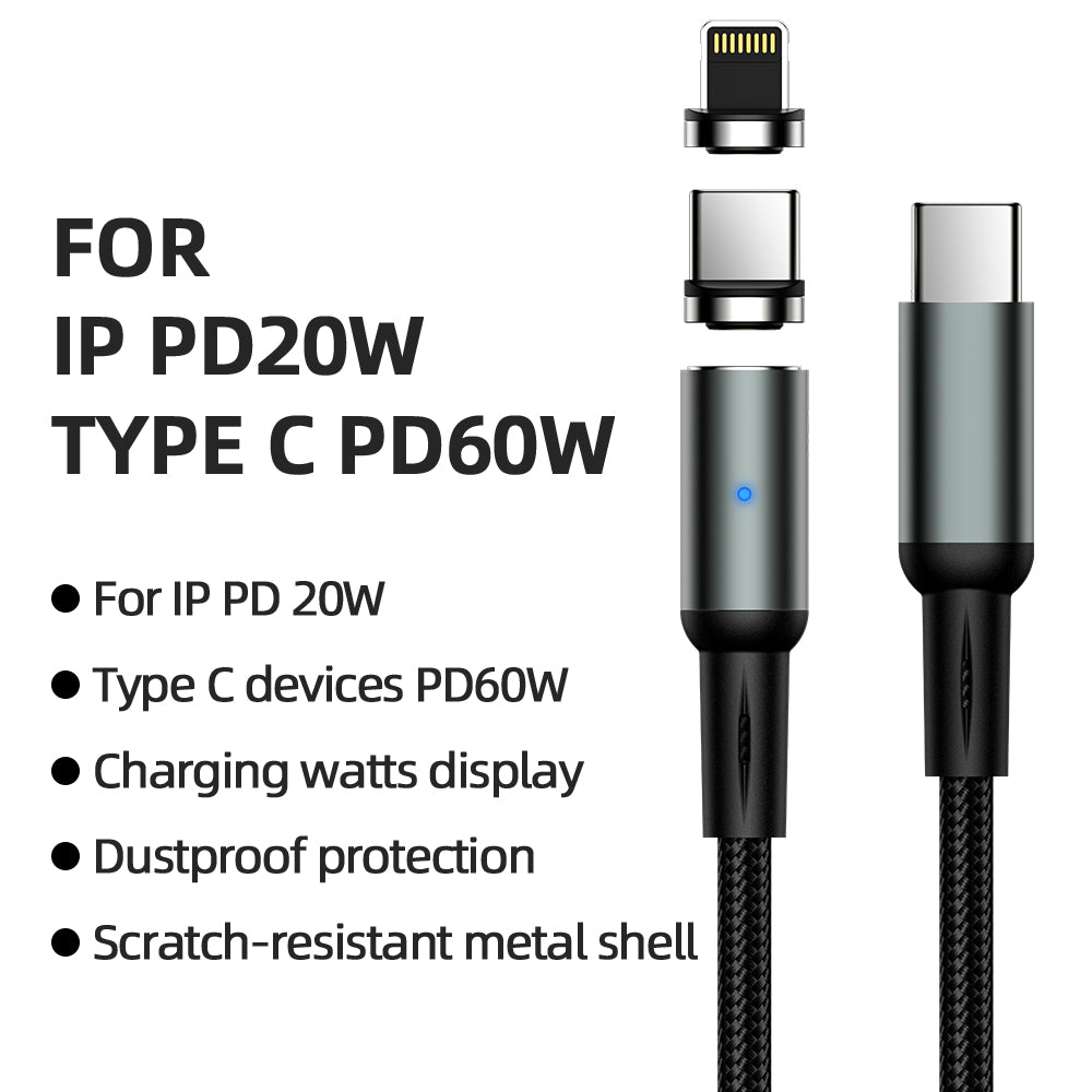 UUTEK UC011 2022 new PD60W 2in1 magnetic fast charging cable 2M type-c to type-c ,type-c to lightning data cable